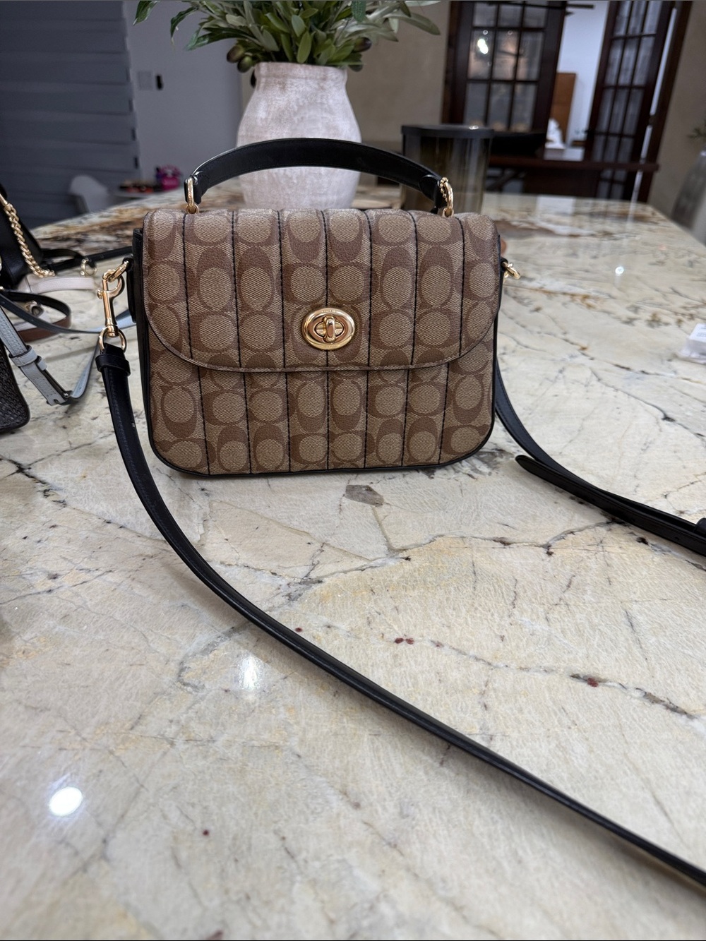 Coach Brown Signature Canvas Top-Handle Crossbody with Black Strap